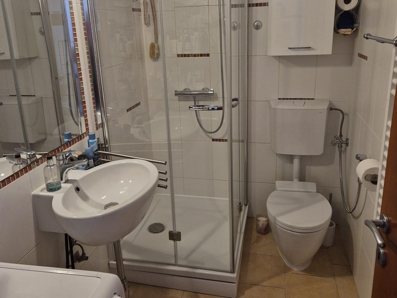 Salle de bains avec douche et lave-linge