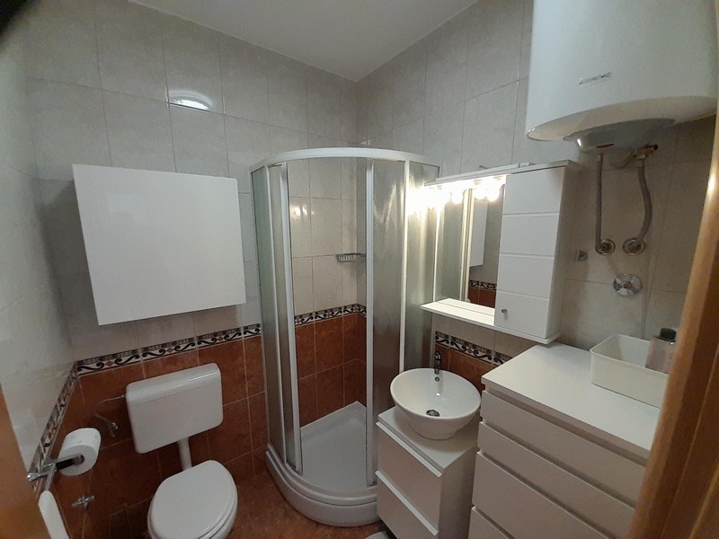 Salle de bains avec douche, lavabo et WC