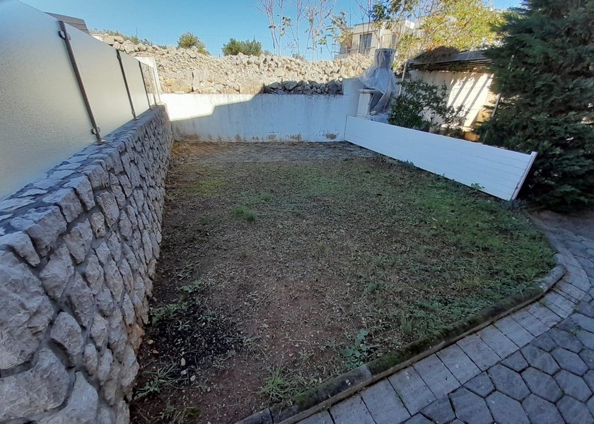 Petit jardin avec mur en pierre et pelouse