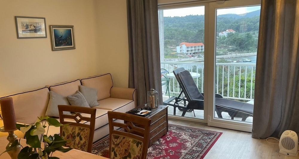 Vue du séjour sur la terrasse et la mer.