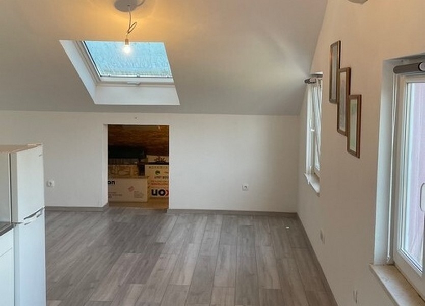 Pièce lumineuse avec toit en pente et sol stratifié