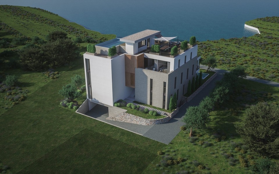 Visualisation du bâtiment sur la prairie au-dessus de la mer