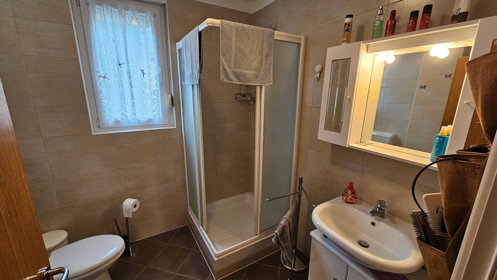 Salle de bains avec douche, lavabo et WC