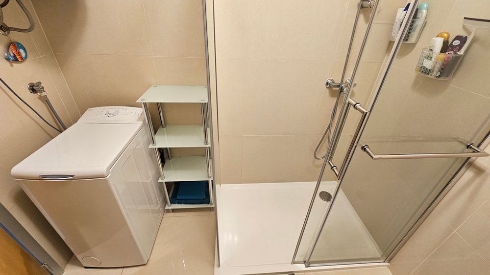 Salle de bains avec douche et lave-linge
