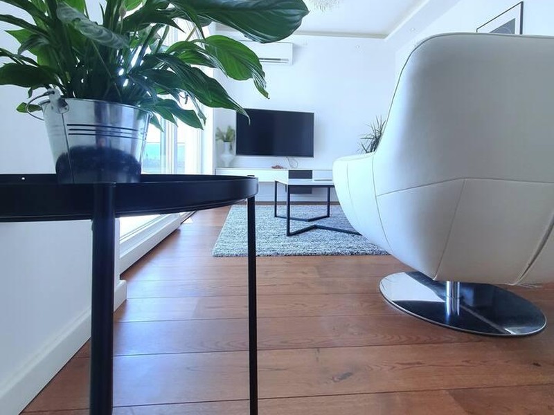 Table d'appoint avec plante et fauteuil blanc sur parquet