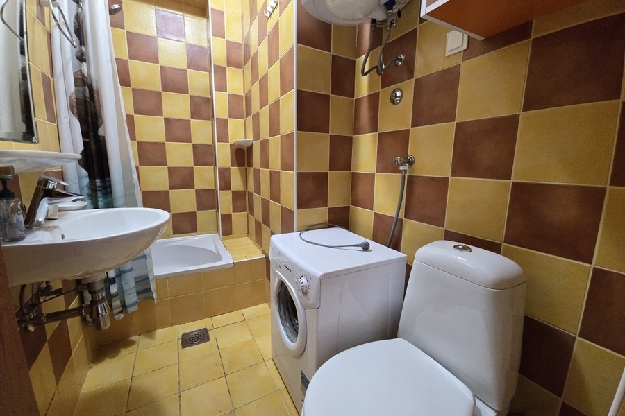 Salle de bains avec douche, lave-linge et WC