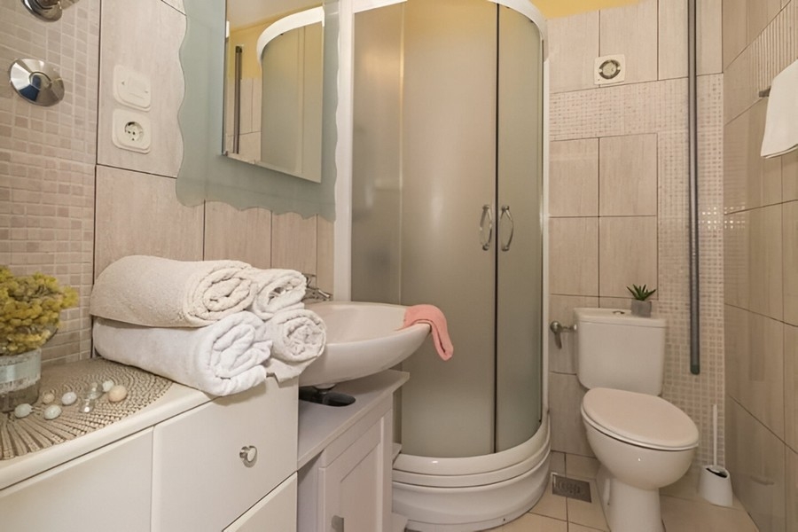 Salle de bains avec douche et lavabo