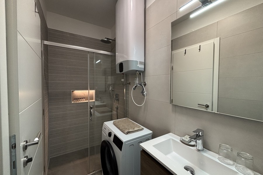 Salle de bains moderne avec douche et lave-linge