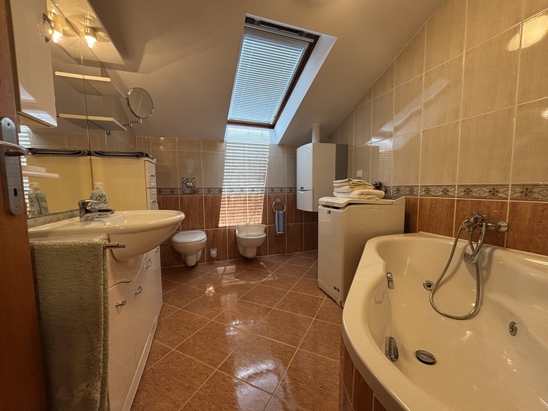 Salle de bains avec baignoire, lave-linge et fenêtre de toit