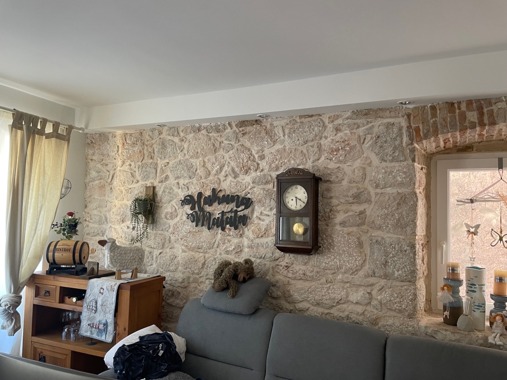 Salon avec mur en pierre naturelle et décoration