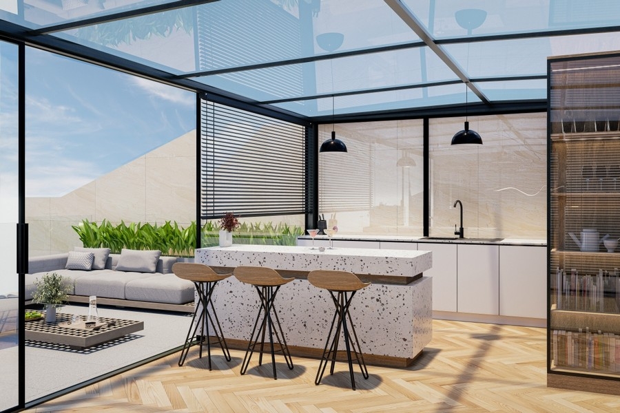 Terrasse luxueuse d'un appartement neuf directement au bord de la mer
