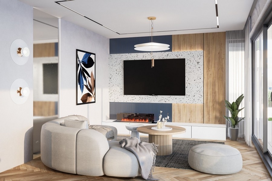 Salon moderne avec cheminée et équipement design