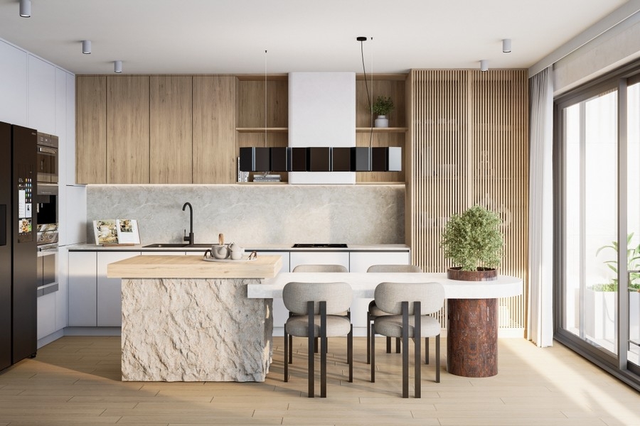 Cuisine ouverte de l'appartement penthouse