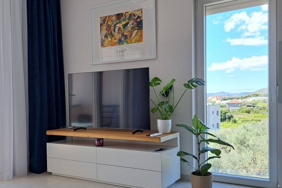 Séjour avec TV et grandes baies vitrées