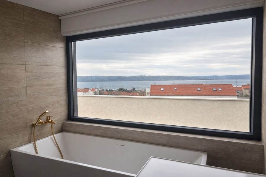Salle de bains avec baignoire et vue mer