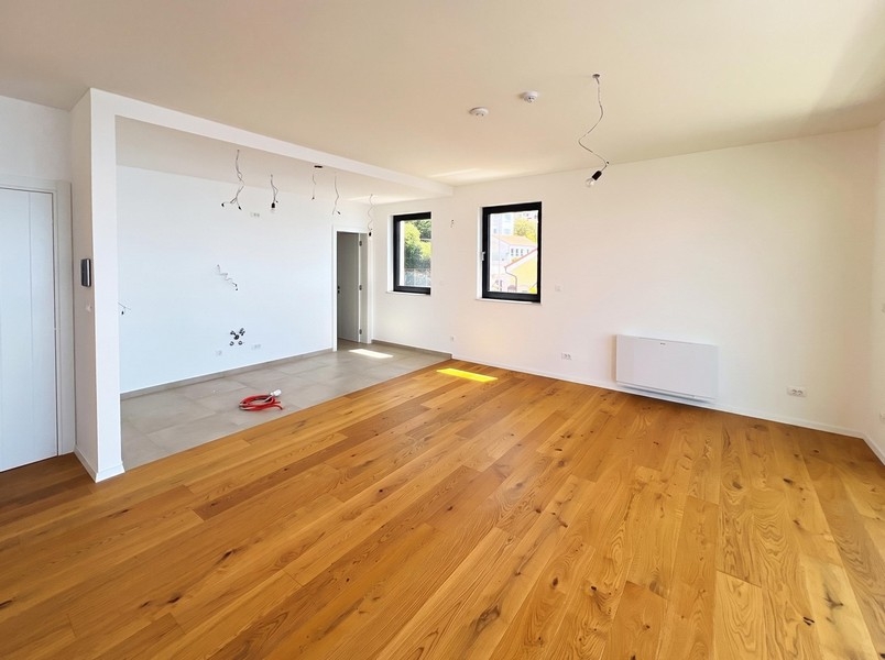 Séjour ouvert avec parquet et sol carrelé