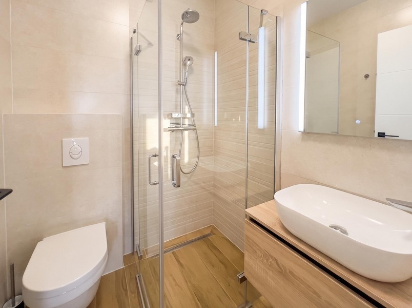 Salle de bains avec douche et toilettes