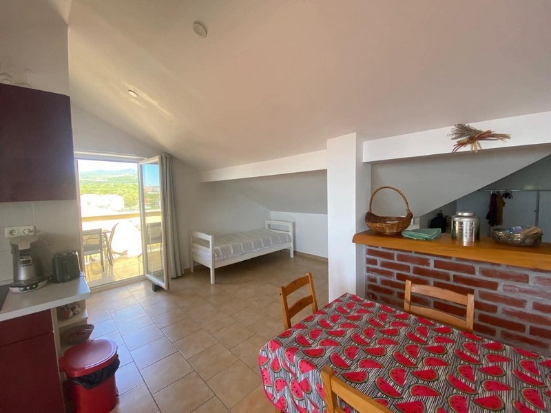 Séjour avec pan de toit incliné et accès à la terrasse