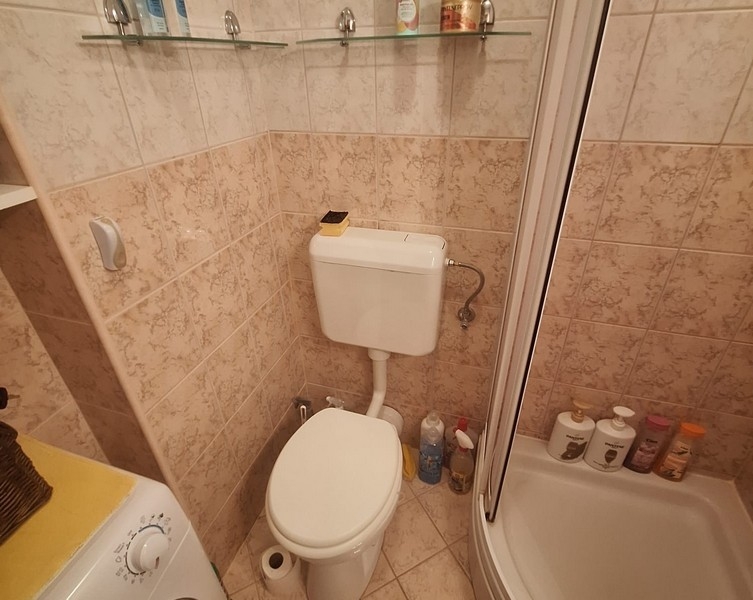 Salle de bains avec douche, toilettes et lave-linge