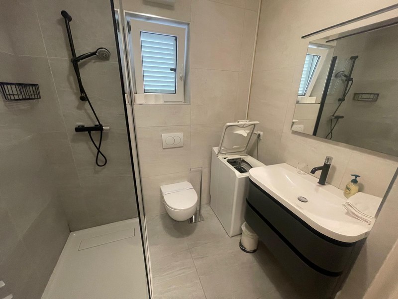Salle de bains avec douche et meuble vasque