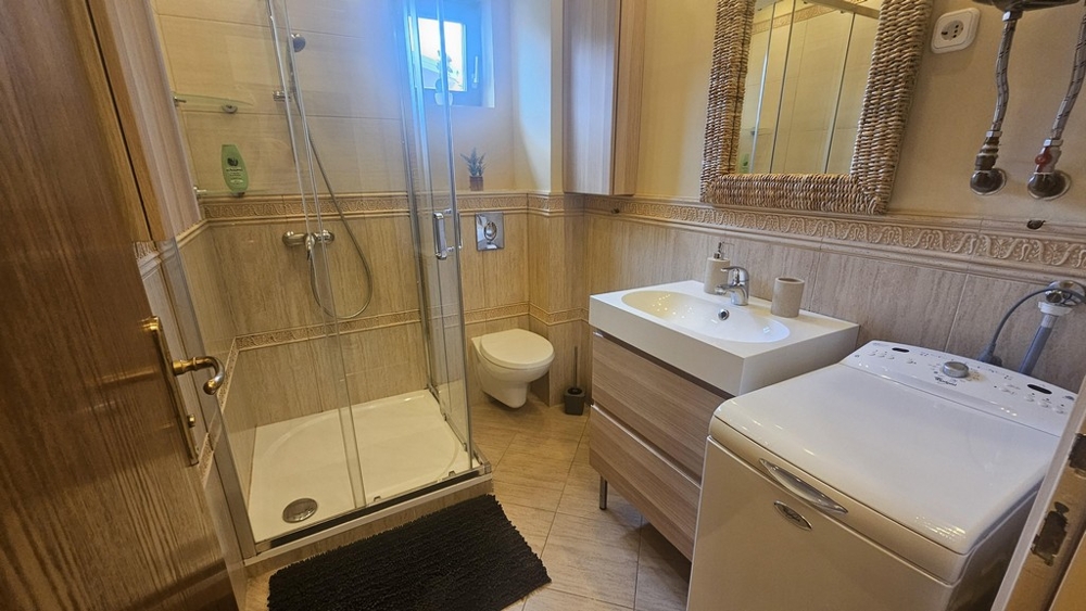 Salle de bains avec douche, toilettes et lave-linge