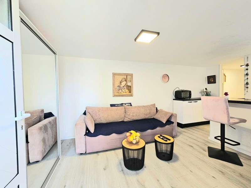 Pièce de vie avec canapé et comptoir de cuisine de l'appartement du rez-de-chaussée sur Krk