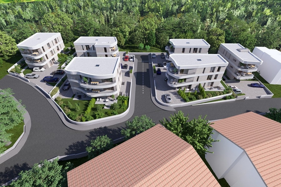 Penthouse à Krk, vue aérienne sur les toits-terrasses de la résidence