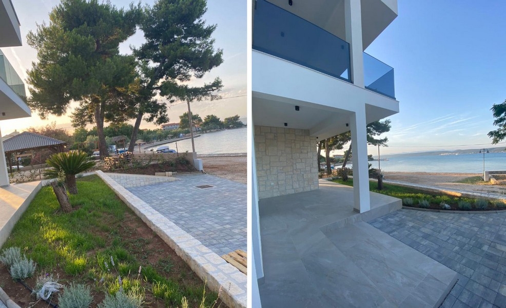 Pelouse devant la villa avec vue sur la mer