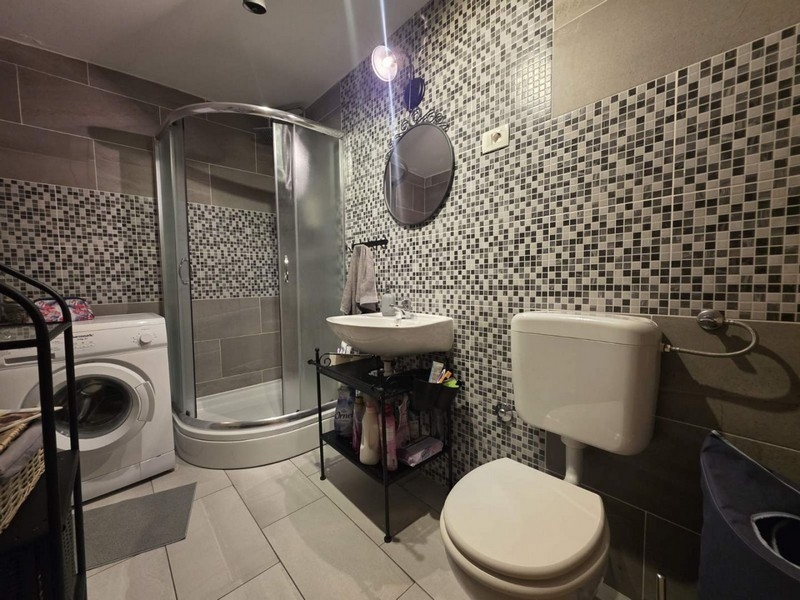 Salle de bains avec douche et lave-linge