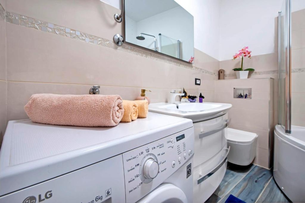 Salle de bains avec baignoire et lave-linge