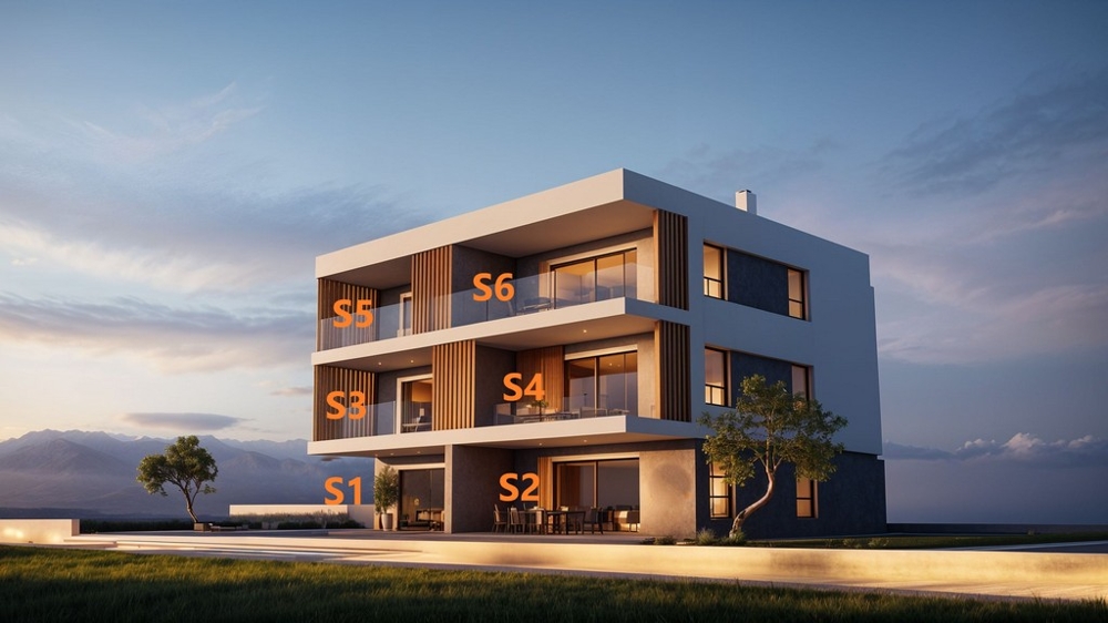 Vue du bâtiment avec emplacement des appartements S1 à S6