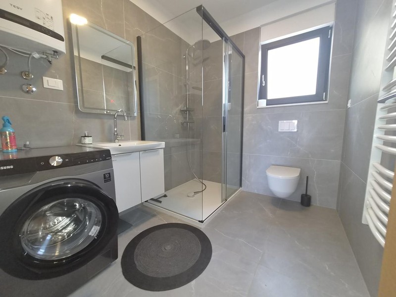 Salle de bains avec douche, toilettes et lave-linge