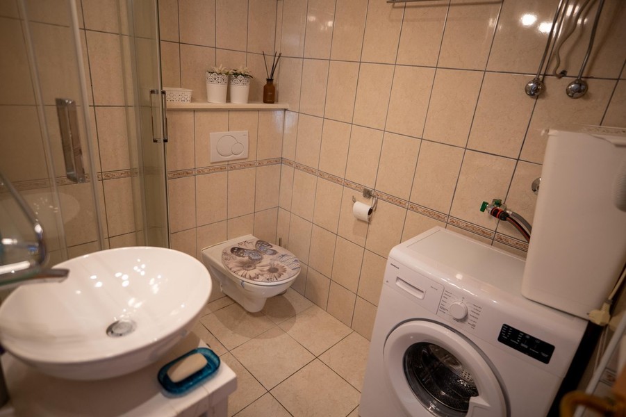 Salle de bains avec douche et lave-linge