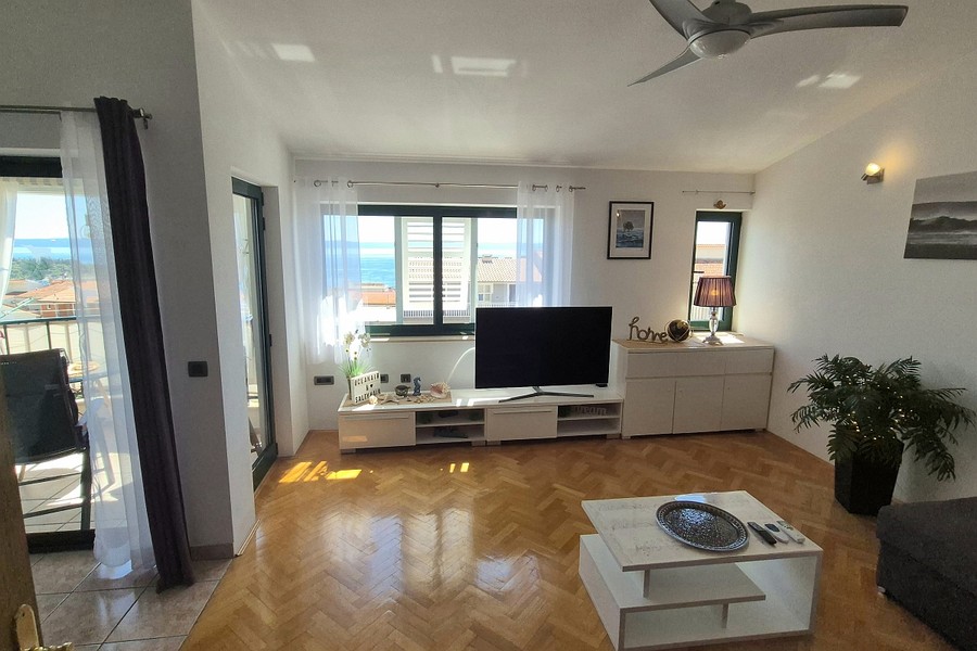 Salon avec télévision et ventilateur de plafond