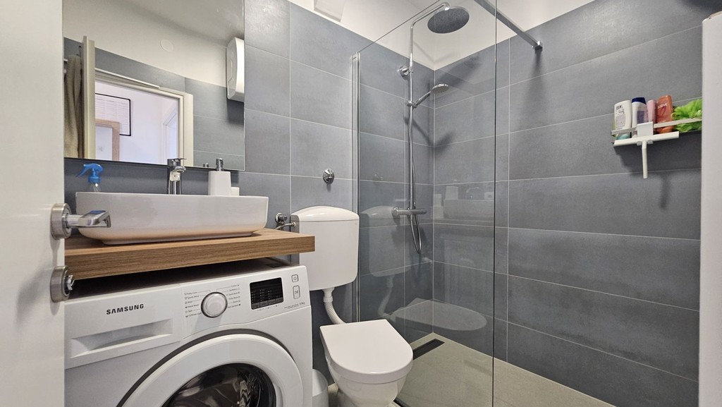 Salle de bains avec douche et lave-linge