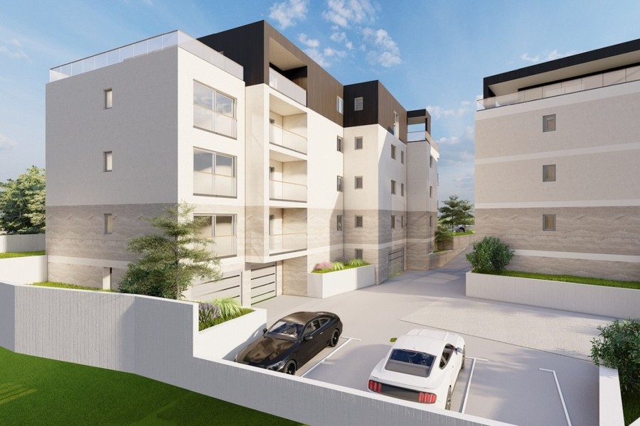 Visualisation : cour avec places de parking et plantations