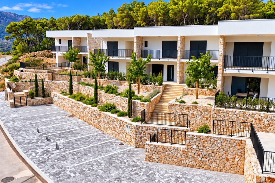 Jardins en terrasses et places de parking devant la construction neuve