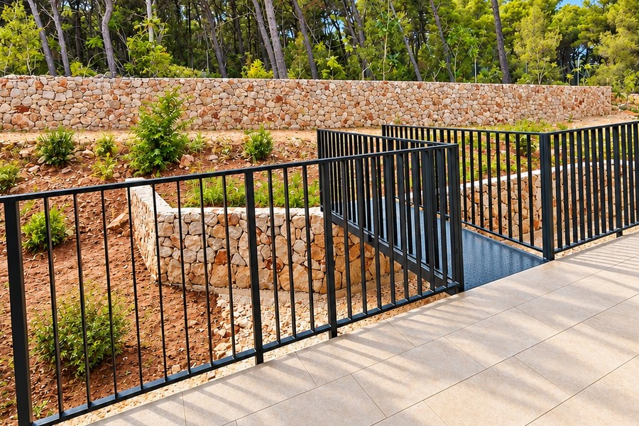 Jardin avec murets en pierre naturelle et garde-corps