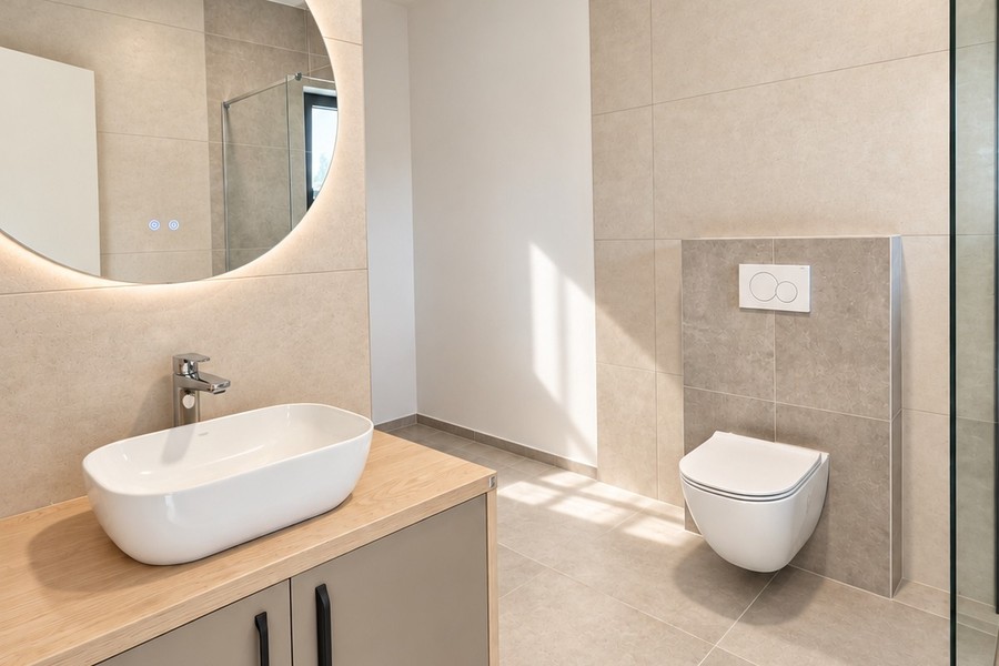 Salle de bains avec WC suspendu et miroir rond