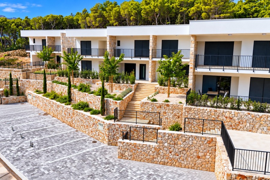 Résidence avec terrasses et murs en pierre naturelle