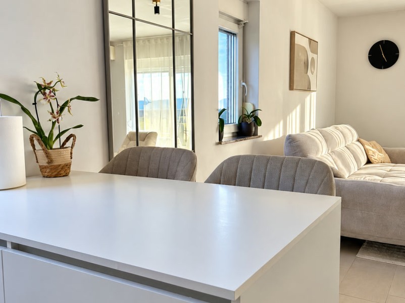 Îlot de cuisine avec vue sur le salon