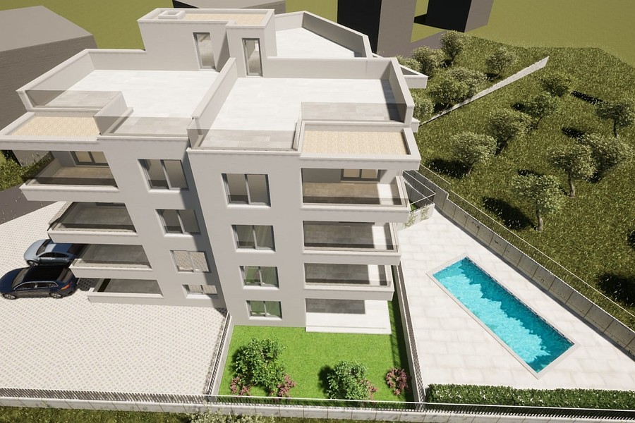 Construction neuve vue d'en haut avec toits-terrasses