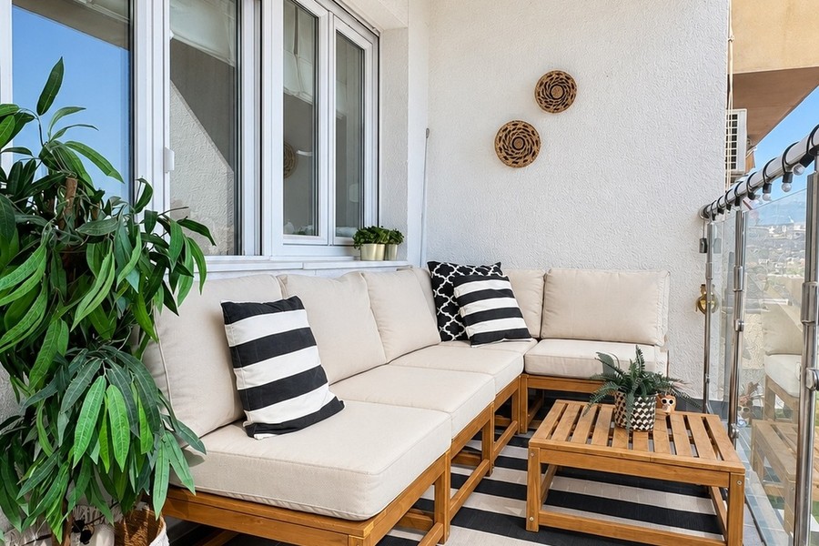 Loggia sud avec coin salon et plantes