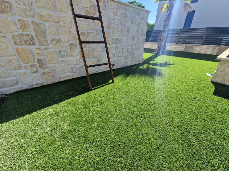Jardin avec gazon synthétique et palmier