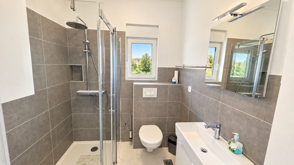 Salle de bain avec douche et WC