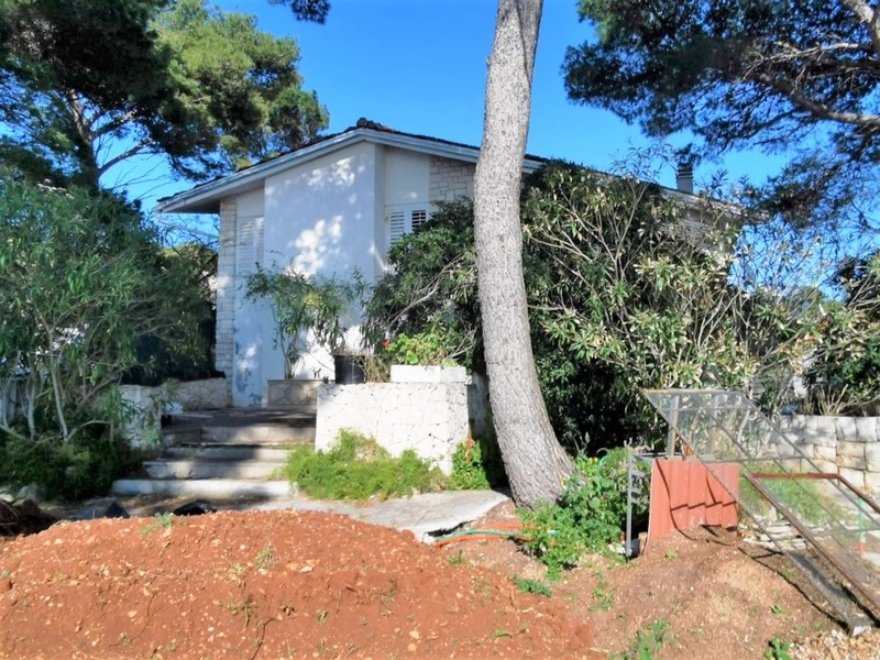 Maison blanche entre des pins derrière le remblai