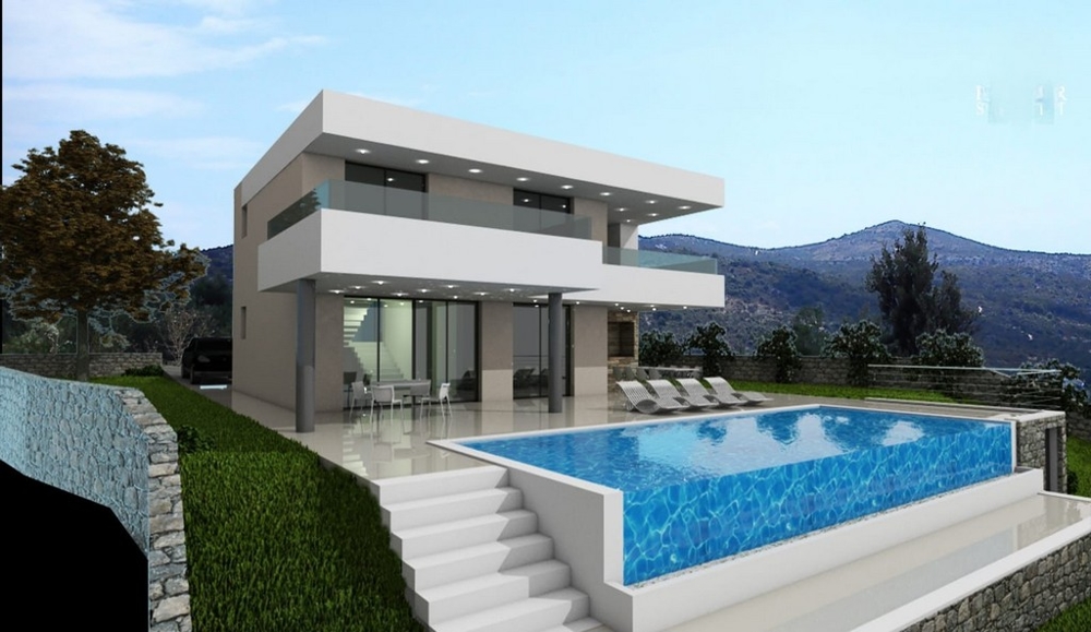 Visualisation de la villa avec piscine à débordement devant les collines