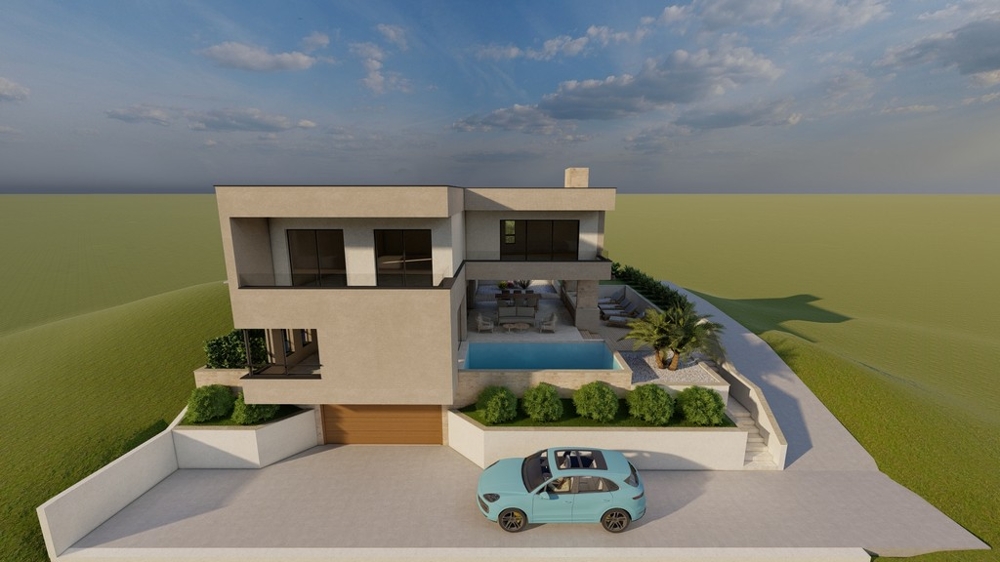 Visualisation d'une villa moderne avec piscine sur l'île de Solta