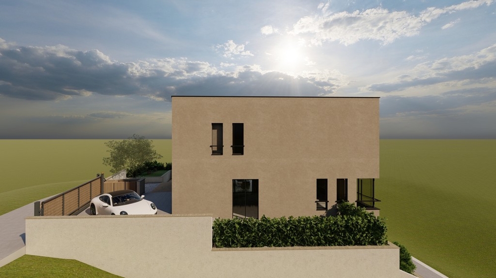 Vue latérale de la villa prévue sur le terrain constructible de Solta