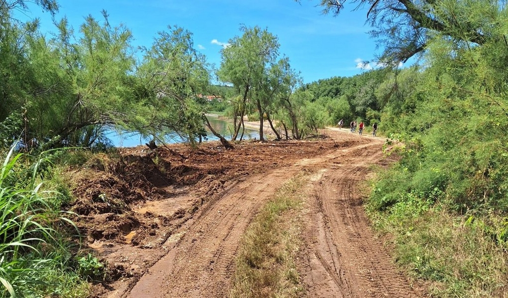 Chemin de sable au bord de la rivière entre des tamaris